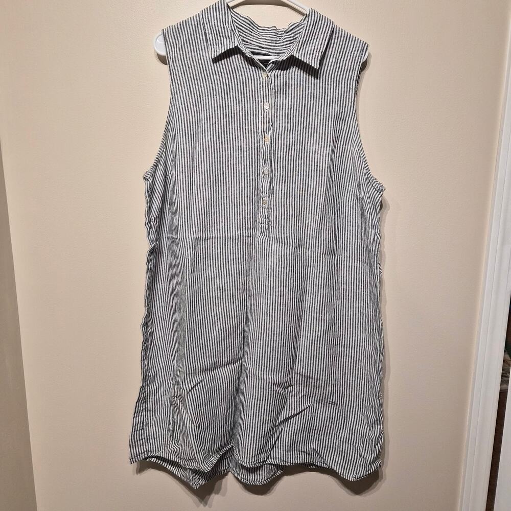 Tahari 100% Linen 2X Sleeveless Striped Collared Gray and White Shirt Dress